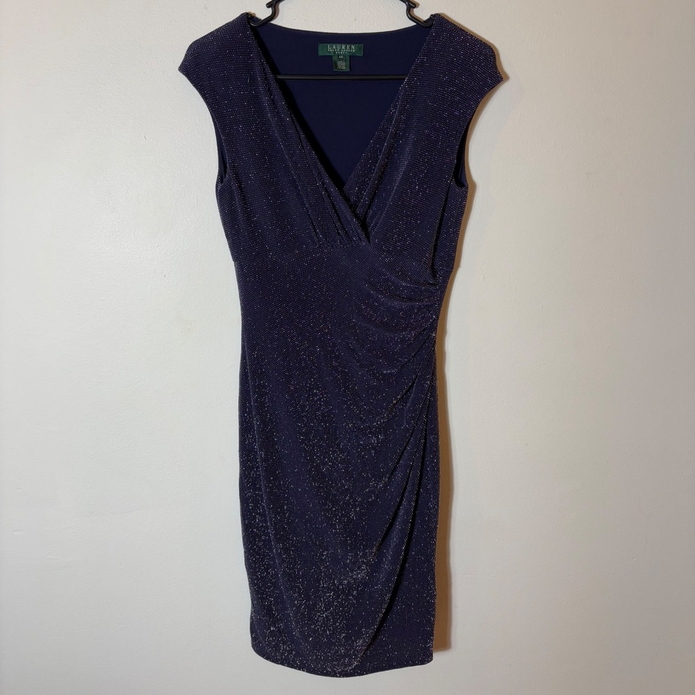 Lauren Ralph Lauren Petite Glitter Ruched‎ Sheath Dress Navy Size 4P